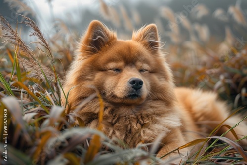 The image features a fluffy, brown dog peacefully resting with its eyes closed among tall grass, capturing an idyllic moment of relaxation and contentment in a natural setting photo