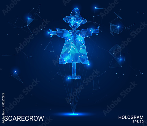 The hologram is a scarecrow. A garden scarecrow on a stick made of polygons, triangles of dots and lines. The scarecrow is a low-poly compound structure. Technology concept vector.