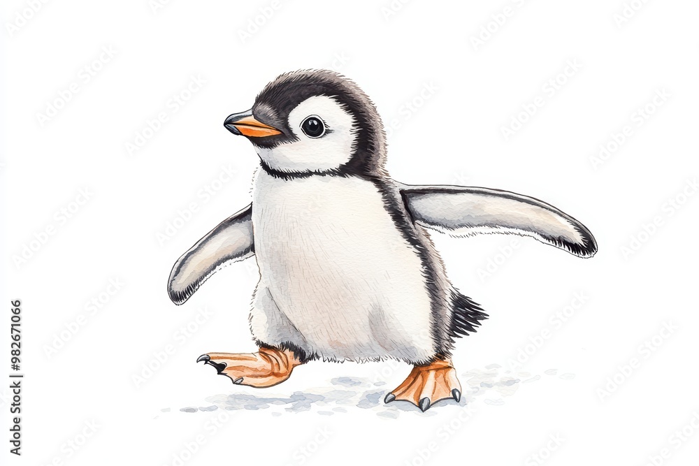 Fototapeta premium A charming illustration of a young penguin walking playfully on a white background, capturing the essence of these delightful birds.