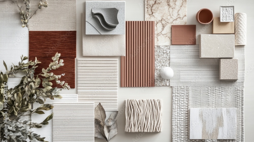 Modern flat lay composition in relaxed coastal color palette with textile and paint samples, lamella panels and tiles. Architect and interior designer moodboard. Top view. Copy space. Template Modern flat lay composition in relaxed coastal color palette with textile and paint samples, lamella panels and tiles. Architect and interior designer moodboard. Top view. Copy space. Template