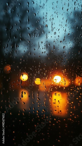 Raindrop-covered window with distant glowing light at night