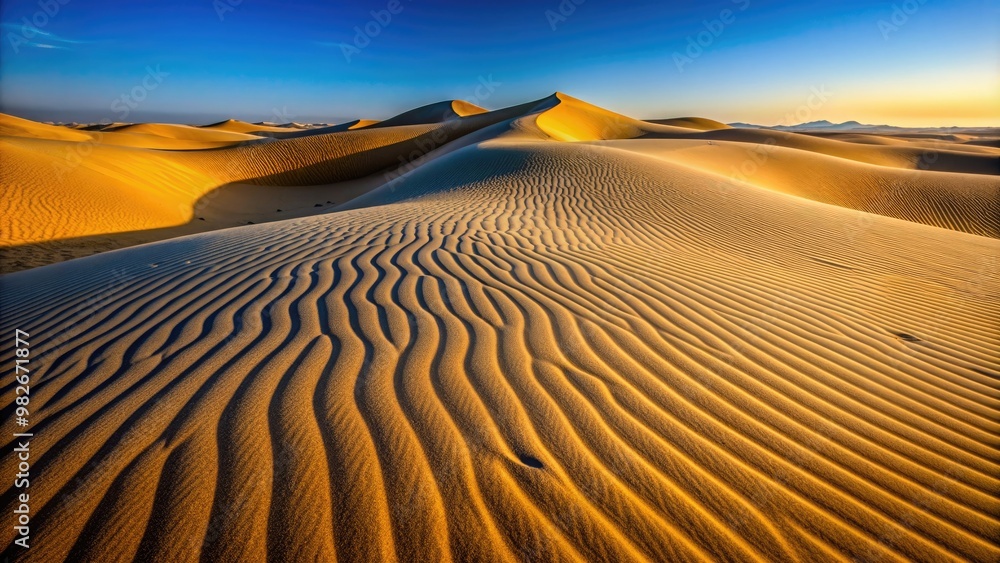 Naklejka premium Sand dunes landscape with ripples and shadows , desert, arid, nature, scenic, sand, dunes, landscape, wilderness, tranquil, sunny