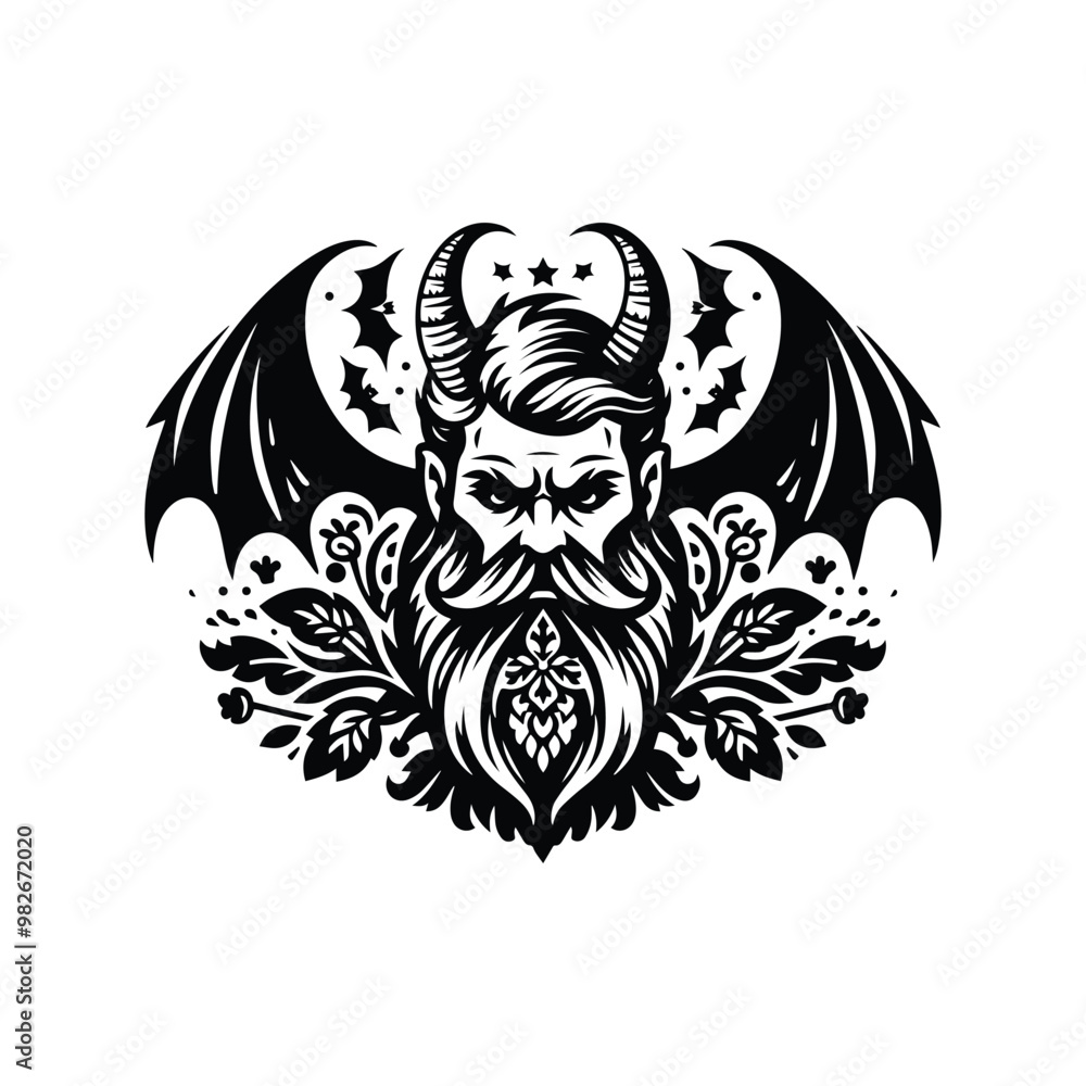 beard man with horn and bat wing with folk art decoration in black and white illustrations, cutout graphic black and white illustration beard man with horn and bat wing with folk art decoration in black and white illustrations, cutout graphic black and white illustration