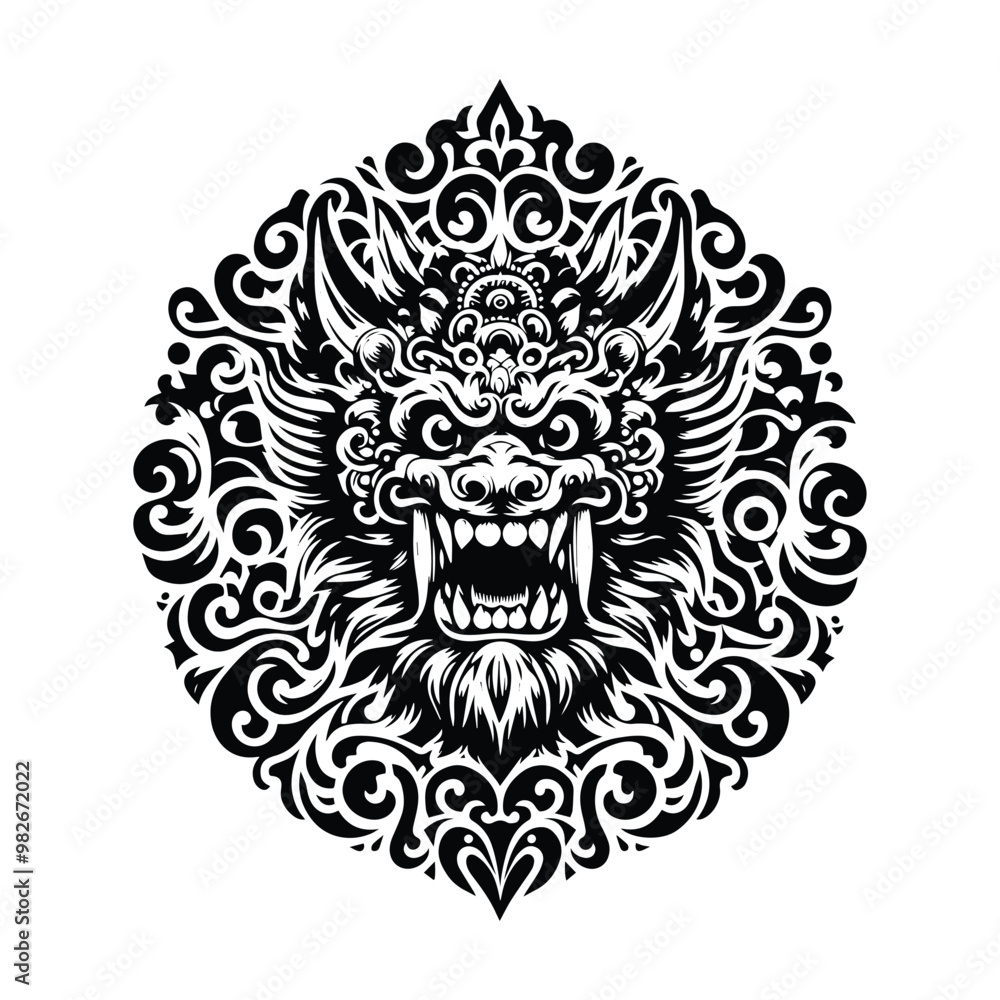 Fototapeta premium Barong with folk art decoration in black and white illustrations, cutout graphic