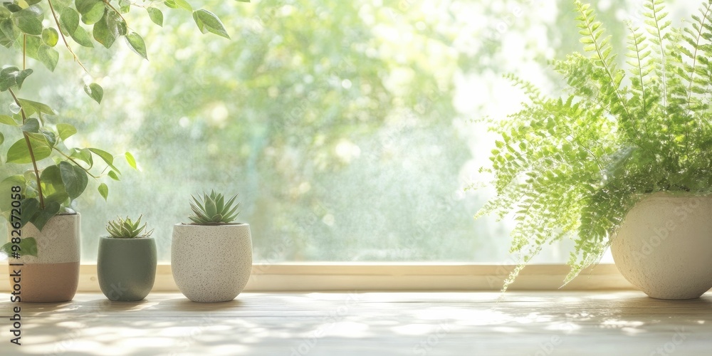 Tranquil Indoor Scene with Three Lush Potted Plants on a Sunlit Windowsill, Enhancing Natural Light and Serenity in a Cozy Home Environment Tranquil Indoor Scene with Three Lush Potted Plants on a Sunlit Windowsill, Enhancing Natural Light and Serenity in a Cozy Home Environment