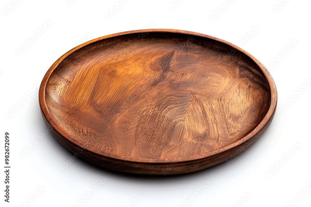 Close-up shot of a wooden plate sitting on a white surface, ideal for use in still life photography, food styling or as a decorative element Close-up shot of a wooden plate sitting on a white surface, ideal for use in still life photography, food styling or as a decorative element