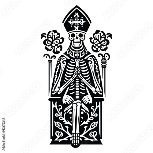 bishop skeleton with folk art decoration in black and white illustrations, cutout graphic