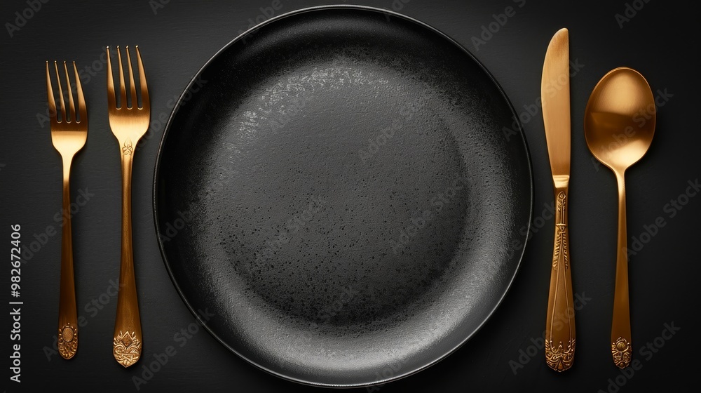 Empty black plate, gold fork and spoon on a black background. Top view Empty black plate, gold fork and spoon on a black background. Top view