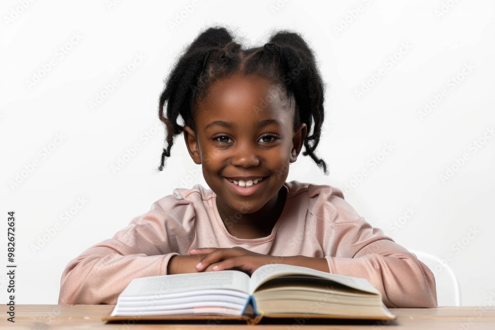 Fototapeta premium A young girl sits at a table with a book, focused on her reading