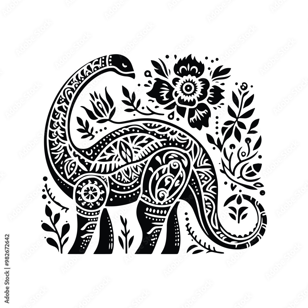 Brachiosaurus with folk art decoration in black and white illustrations, cutout graphic Brachiosaurus with folk art decoration in black and white illustrations, cutout graphic
