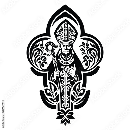 bishop with folk art decoration in black and white illustrations, cutout graphic