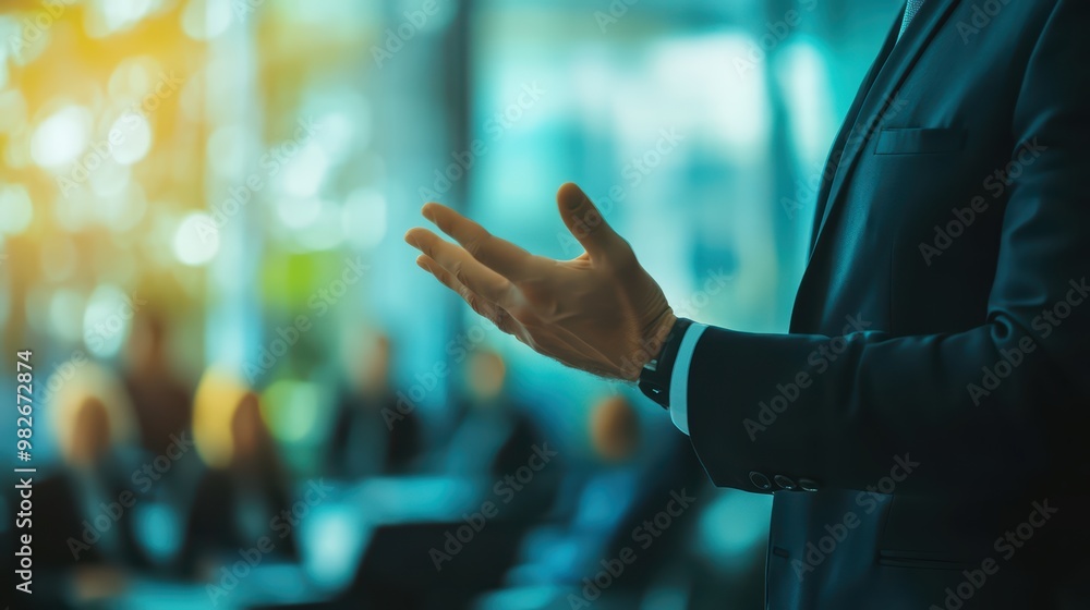 A confident speaker presenting ideas in a modern conference room, engaging an attentive audience with dynamic gestures. A confident speaker presenting ideas in a modern conference room, engaging an attentive audience with dynamic gestures.