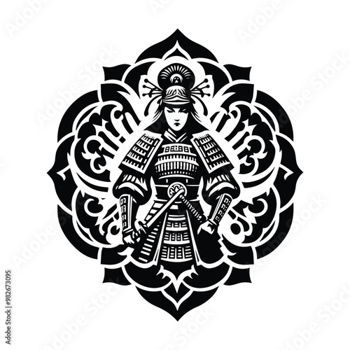 chinese warior female with folk art decoration in black and white illustrations, cutout graphic