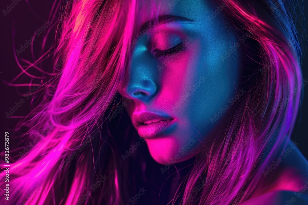 Fototapeta premium A woman with long hair standing in front of neon lights