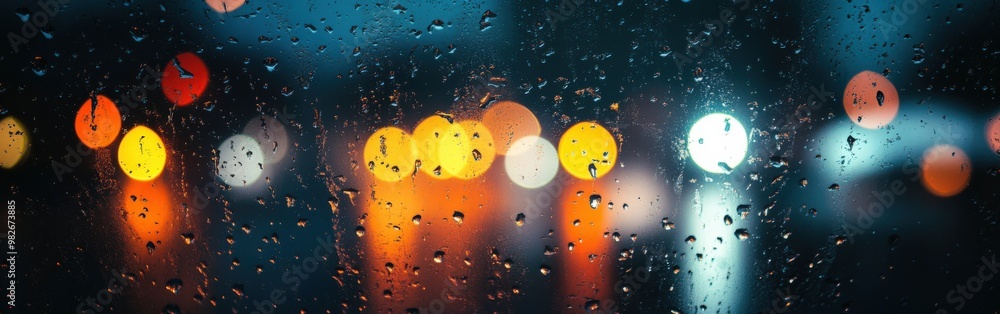 Raindrop-covered window with distant glowing light at night Raindrop-covered window with distant glowing light at night