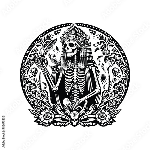 cleopatra skeleton with folk art decoration in black and white illustrations, cutout graphic