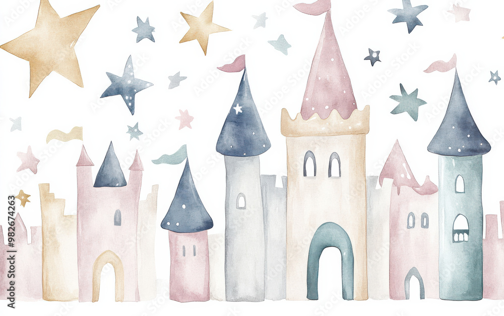 Fototapeta premium Whimsical watercolor castle with pastel towers and stars, perfect for fairytale themes and magical designs. Enchanting and dreamy setting.