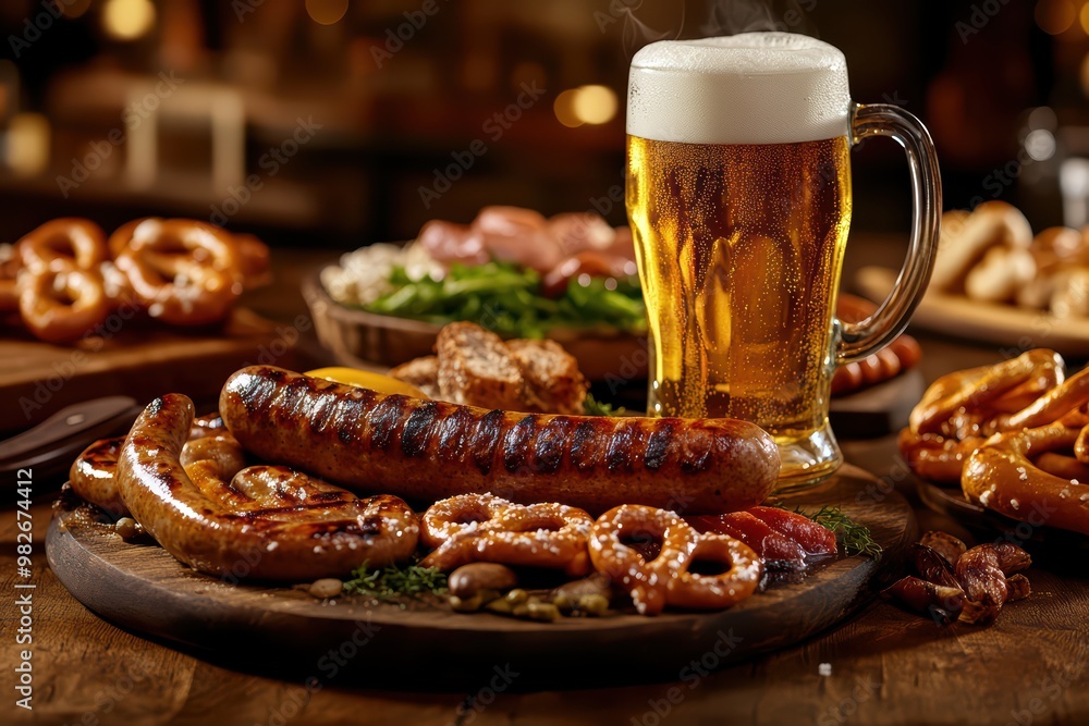A delicious platter featuring grilled sausages, pretzels, and a frosty beer, perfect for a hearty meal or celebration. A delicious platter featuring grilled sausages, pretzels, and a frosty beer, perfect for a hearty meal or celebration.