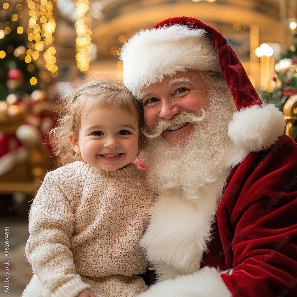 Child Sitting on Santa's Lap in Festive Christmas Mall Setting Child Sitting on Santa's Lap in Festive Christmas Mall Setting