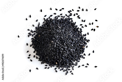 Black sesame seeds on white background