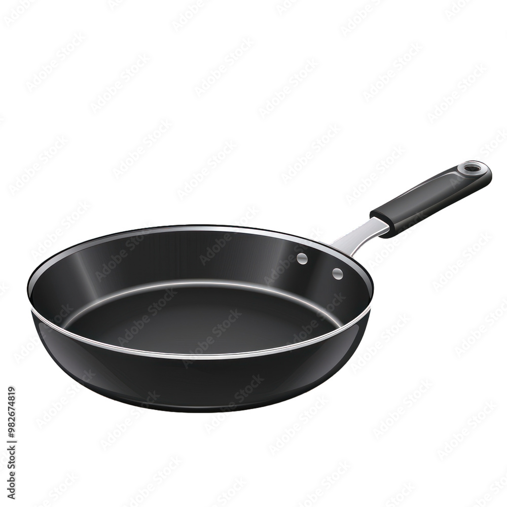 Black frying pan with metallic handle lying on white background Black frying pan with metallic handle lying on white background