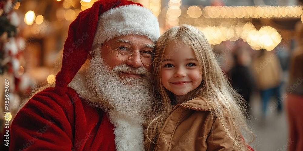 Child Sitting on Santa's Lap in Festive Christmas Mall Setting Child Sitting on Santa's Lap in Festive Christmas Mall Setting