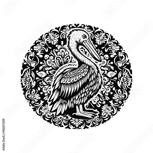 Dodo with folk art decoration in black and white illustrations, cutout graphic