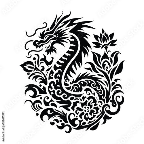 dragon with folk art decoration in black and white illustrations, cutout graphic