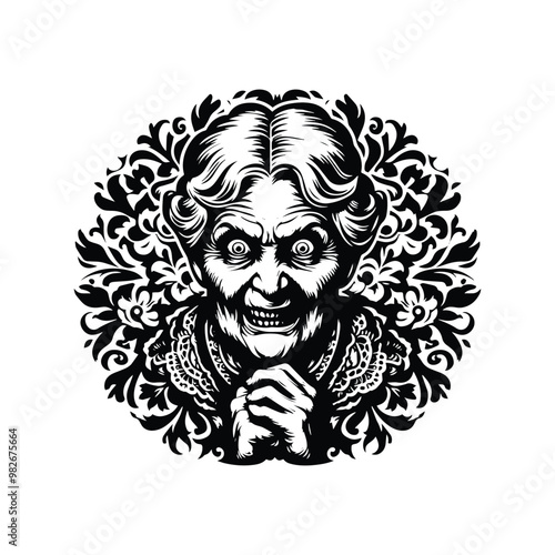 evil granny horror inside folk art decoration in black and white illustrations, cutout graphic