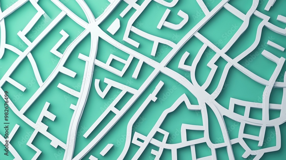 Map illustration featuring white lines on a greenish blue gradient background depicting a street layout from a top down perspective in a 3D render style Map illustration featuring white lines on a greenish blue gradient background depicting a street layout from a top down perspective in a 3D render style