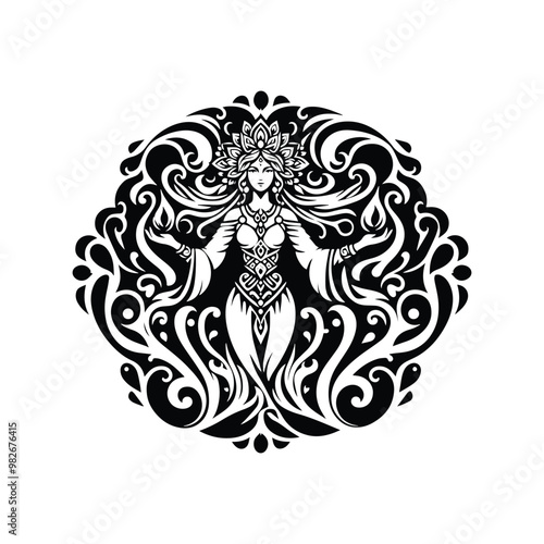 Freya goddess inside folk art decoration in black and white illustrations, cutout graphic