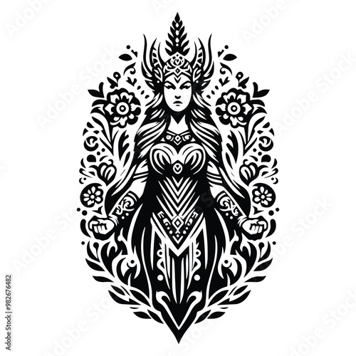 Freya goddess with folk art decoration in black and white illustrations, cutout graphic