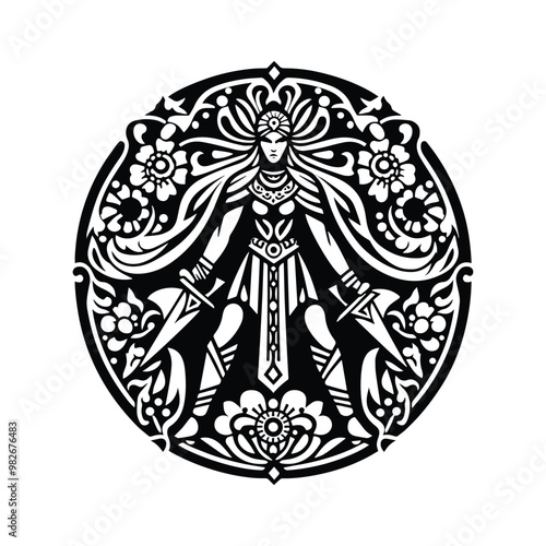 Freya goddess with folk art decoration in black and white illustrations, cutout graphic