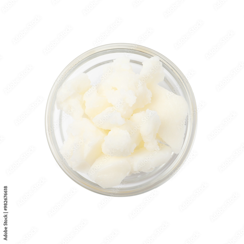 Shea butter in bowl isolated on white, top view Shea butter in bowl isolated on white, top view