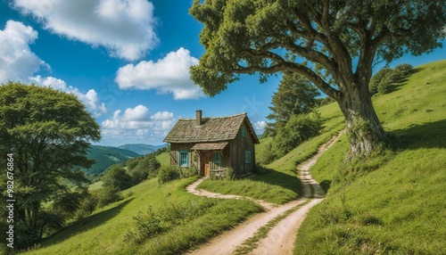 A serene countryside view with a rustic house beside a moutain