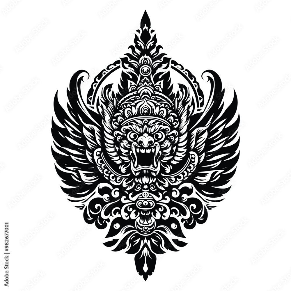 Fototapeta premium Garuda with folk art decoration in black and white illustrations, cutout graphic