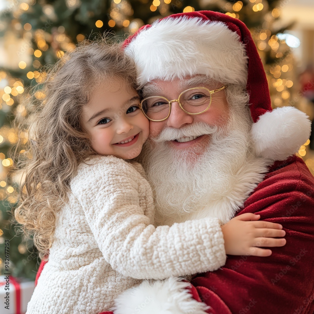 Child Sitting on Santa's Lap in Festive Christmas Mall Setting Child Sitting on Santa's Lap in Festive Christmas Mall Setting