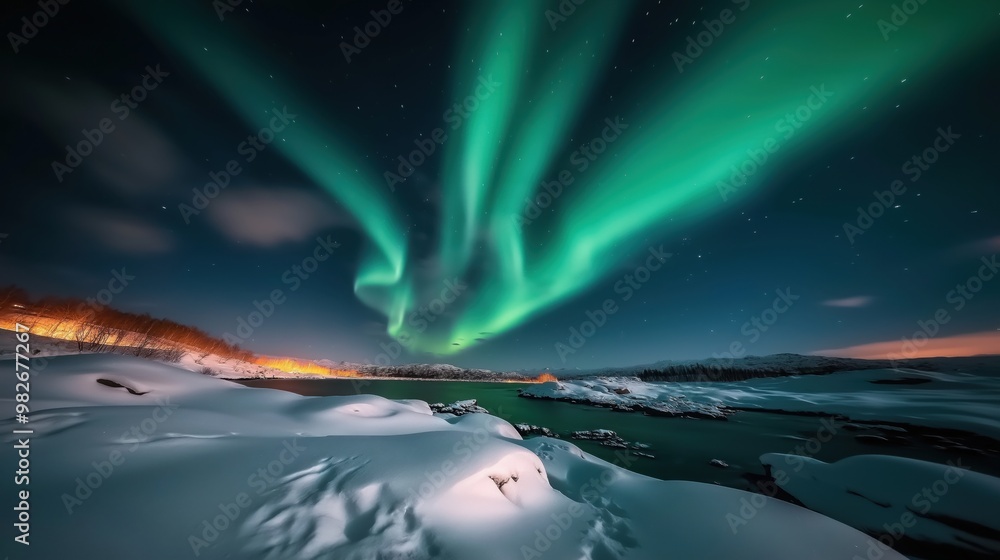 Aurora Borealis over a snowy landscape with a river under a starry ...