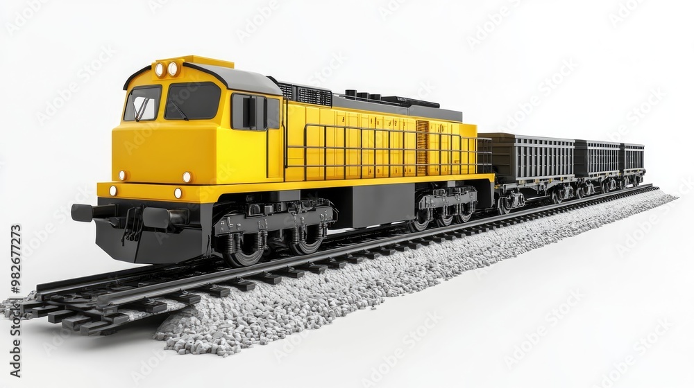 Fototapeta premium 3D illustration of a locomotive with flat cars on a white background