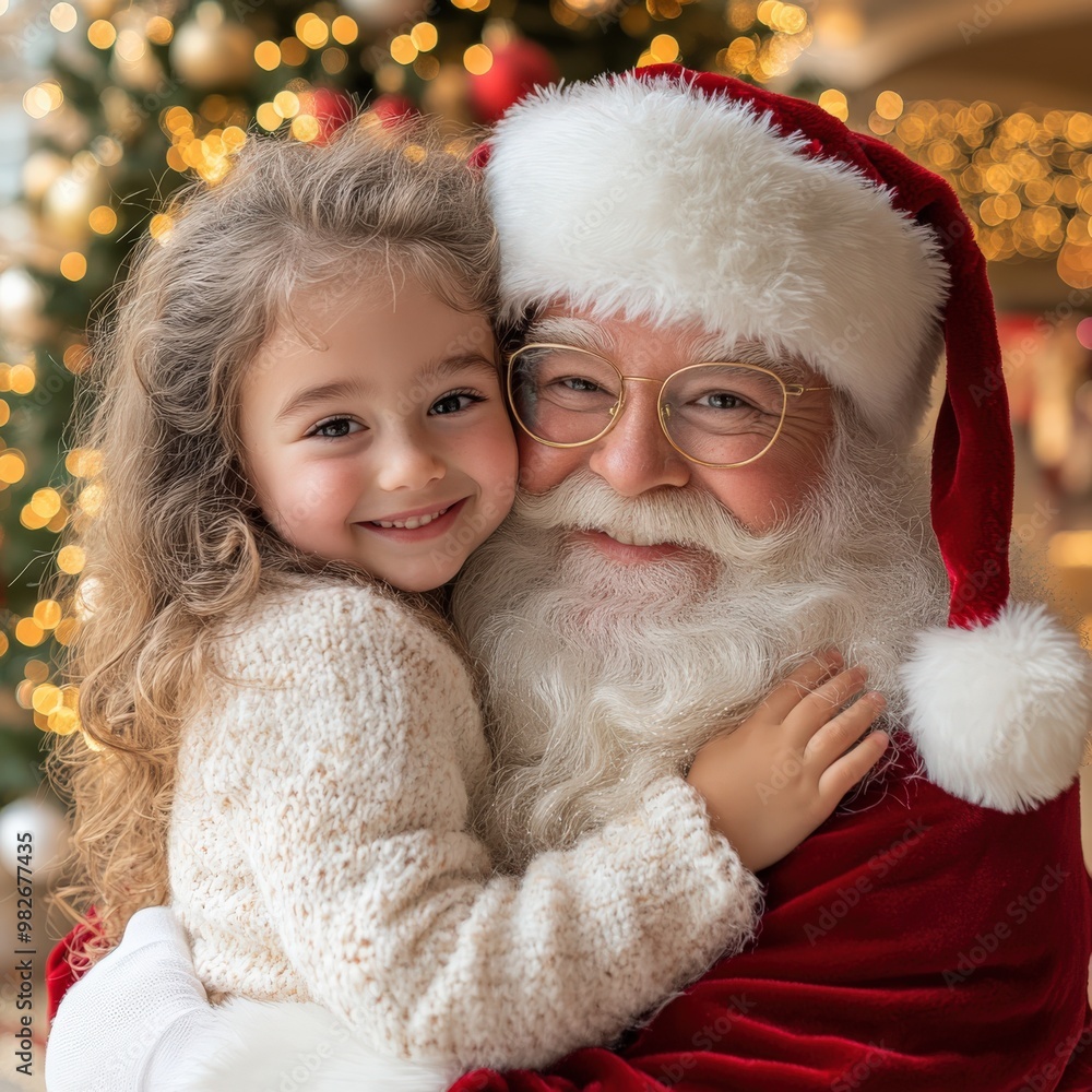 Child Sitting on Santa's Lap in Festive Christmas Mall Setting Child Sitting on Santa's Lap in Festive Christmas Mall Setting