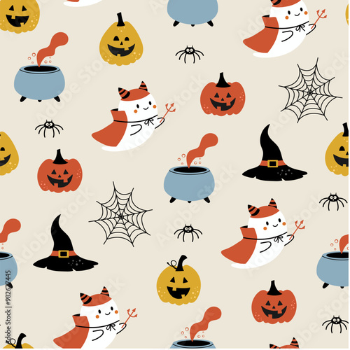 Halloween seamless pattern. Vector illustration of Halloween party. Cute pumpkins, witch's brew, ghost, witch hat and spider web on light background. Holiday cartoon seamless pattern.