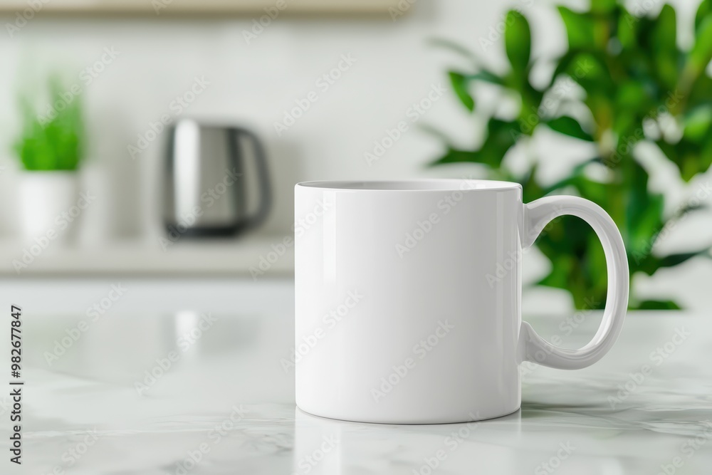 A minimalist white mug placed on a marble countertop, surrounded by greenery, perfect for modern kitchen decor. A minimalist white mug placed on a marble countertop, surrounded by greenery, perfect for modern kitchen decor.