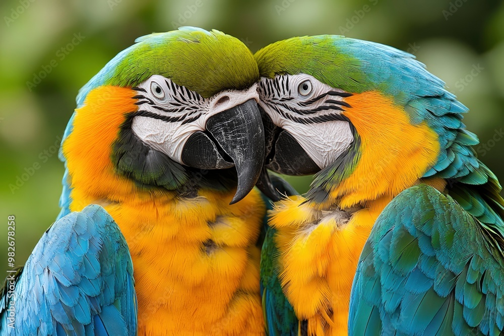Fototapeta premium Macaws (Ara ararauna), pair, native to South America, captive, Wachenheim, Germany, Europe, ai
