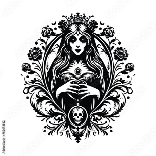 gothic lady horror inside folk art decoration in black and white illustrations, cutout graphic