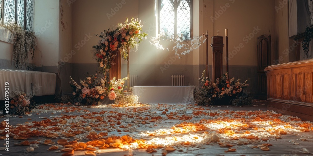 Fototapeta premium Wedding ceremony set up with flower arrangements.