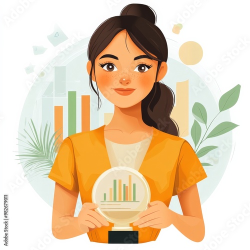 Businesswoman Holding a Chart Globe: An of a confident businesswoman holding a globe with a chart on it, symbolizing her ability to see the bigger picture and navigate the global marketp photo