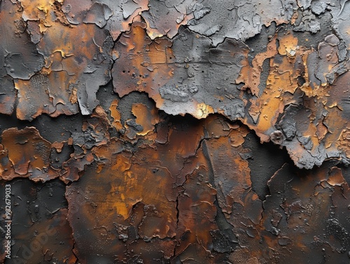 Abstract grunge background texture with rusty elements, earth tones, and gray colors. Rustic metal surface, stock photo with space for text. 