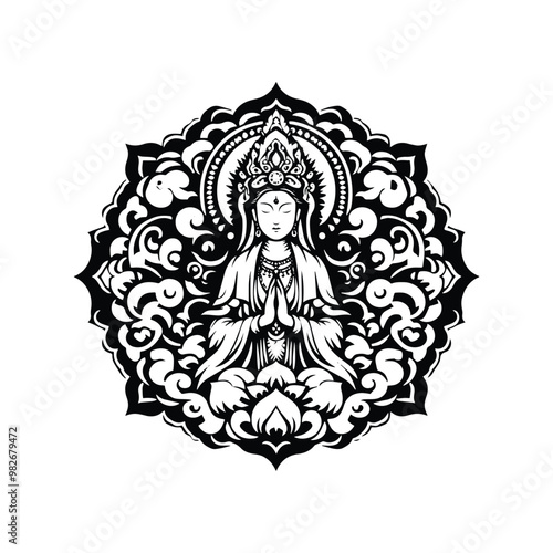 Guan Yin goddess inside folk art decoration in black and white illustrations, cutout graphic