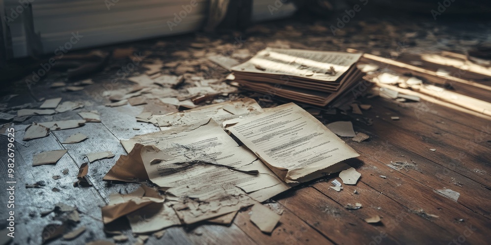 Torn pages scattered on wooden floor. Torn pages scattered on wooden floor.
