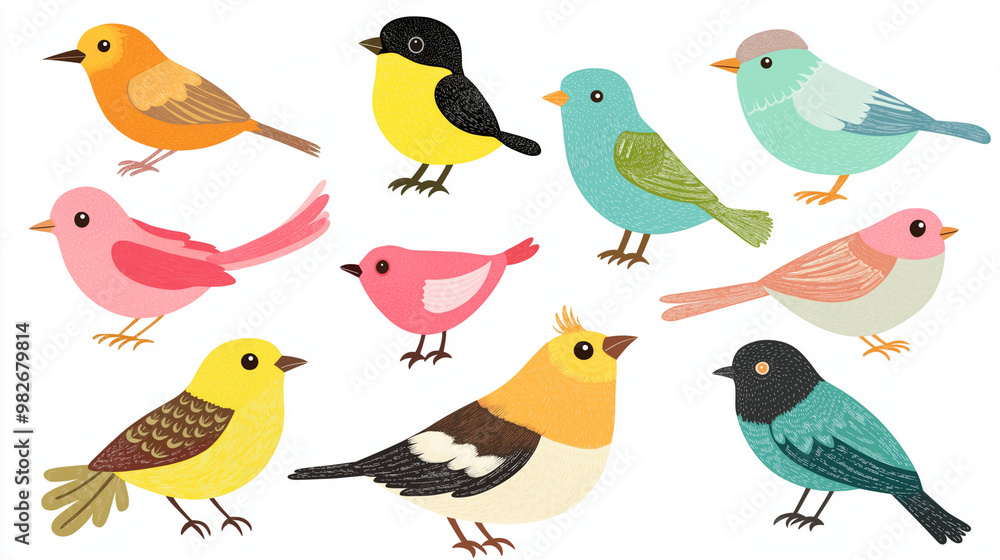 Fototapeta premium A set various illustration of cute birds on white background.